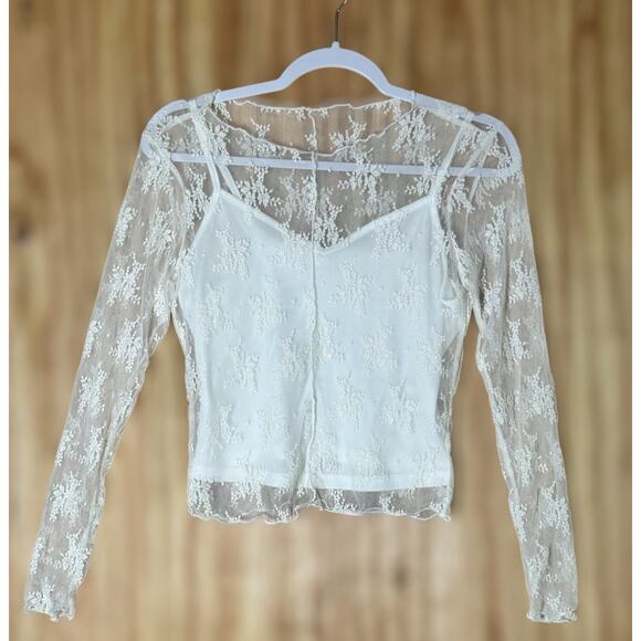 Sheer Lace White Mesh Top Floral Overlay Cottagecore Romantic Fairy Grunge Sz M - Picture 1 of 7